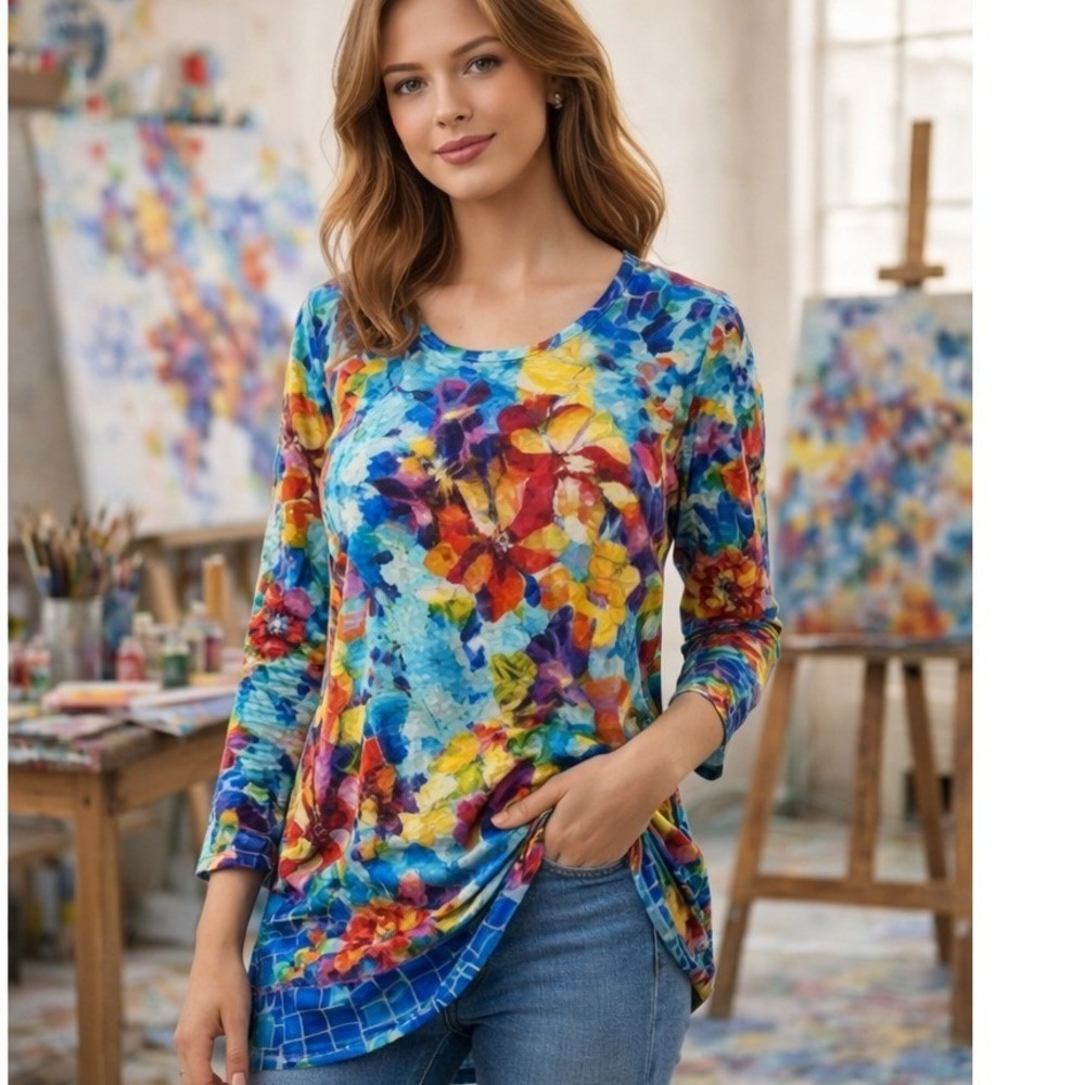 Ali Miles Womens Mosaic Floral Tunic Top Multicolor Rhinestone 3/4 Sleeve Medium